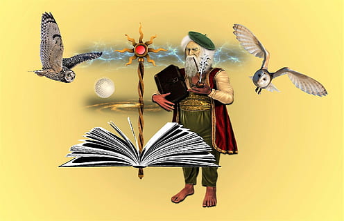 mand, bedrift, Bestil, omgivet, ugler, digital, tapet, fantasi, magi, scepter, farvet baggrund, studio skud, dyreliv, gul, fugl, kostume, mennesker, kreativitet, indendørs, hvirveldyr, flyvende, repræsentation, skønhed i naturen, gruppe af dyr, fuld længde, Kunst og håndværk, sommerfugl - insekt, digital komposit, 2K, CC0, offentligt domæne, royaltyfrie