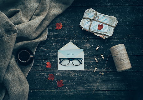 hello  autumn, black, framed, eyeglasses, white, printer paper, glasses, letters, string, tied, leaf, cup, peg, autumn, fall, wood, table, coffee, glass, december, board, directly above, still life, high angle view, indoors, no people, textile, wood - material, camera - photographic equipment, day, representation, close-up, paper, food and drink, finance, nature, food, shape, 4K, CC0, public domain, royalty free