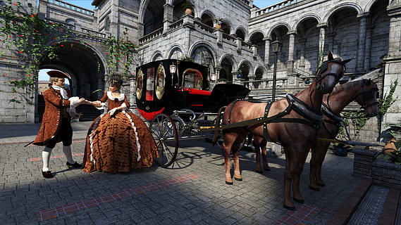 couple, holding, hands, horse carriage, outdoor, castle, rococo, behaviour, lady, knight, carrozza, horses, morals, carnival, court, nobility, architecture, domestic animals, animal, mammal, built structure, animal themes, building exterior, domestic, city, animal wildlife, horse, livestock, working animal, pets, vertebrate, incidental people, group of people, street, day, group of animals, arch, outdoors, herbivorous, 1080P, CC0, public domain, royalty free