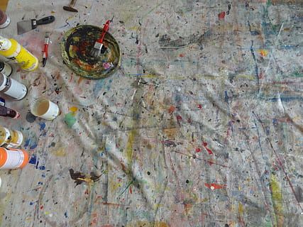 texture 10, hires, background, composition, high angle view, messy, multi colored, dirty, dirt, no people, indoors, directly above, still life, paint can, paint, container, large group of objects, unhygienic, brush, paintbrush, water, garbage, art and craft equipment, flooring, pollution, 4K, CC0, public domain, royalty free