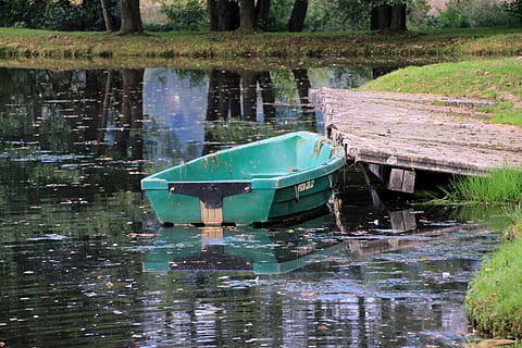lake, boot, water, rest, autumn, nautical vessel, reflection, moored, transportation, mode of transportation, waterfront, nature, no people, day, abandoned, outdoors, plant, rowboat, obsolete, tranquility, old, wood - material, 5K, CC0, public domain, royalty free