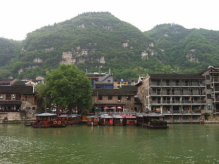 alpine, legend, brooks, asia, cultures, river, china - East Asia, architecture, built structure, water, mountain, building exterior, waterfront, tree, plant, building, nature, residential district, day, house, no people, transportation, outdoors, nautical vessel, 2K, CC0, public domain, royalty free