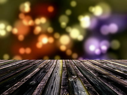 photographie bokeh multicolore, bokeh, platelage, Contexte, plate-forme, table, planche, en bois, dessus de la table, vide, toile de fond, brouiller, brillant, vacances, rustique, rétro, de plein air, afficher, défocalisé, bois - matériau, arrière-plans, abstrait, illuminé, modèle, en plein air, personne, fermer, journée, la nature, se concentrer sur le premier plan, barrière, clôture, frontière, banc, nuit, texturé, bois, mise au point sélective, arbre, plante, violet, 4K, CC0, domaine public, libre de droits