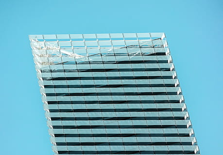 clear, glass building, blue, sky, worm, s, eye, view, glass, high, rise, building, architecture, structure, abstract, staircase, no people, steel, close-up, day, clear sky, outdoors, low angle view, built structure, building exterior, office building exterior, nature, sunlight, office, city, sunny, pattern, modern, copy space, skyscraper, blue background, turquoise colored, 2K, CC0, public domain, royalty free