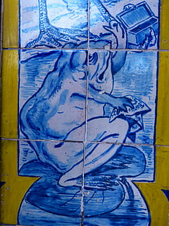 Azulejos, плитка, синий, жаба, лягушка, искусство и ремесло, творческий подход, чернила, шаблон, покрасить, крупный план, в помещении, часть человеческого тела, архитектура, разноцветный, картины, граффити, люди, стена - особенность здания, день, художественный продукт, текстурированный, витиеватый, 4K, CC0, общественное достояние, роялти бесплатно