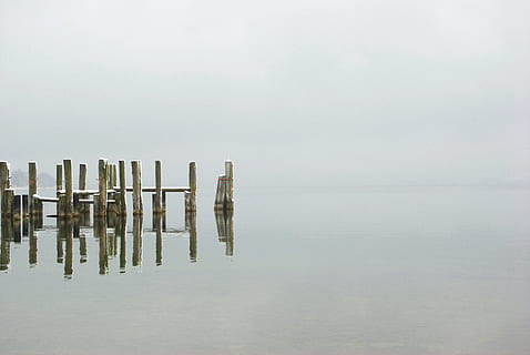 su kütlesi, kış, göl, ağ, soğuk, kar, sis, buz gibi, dondurulmuş, Winter Lake, don, yılın zamanı, kış rüyası, Su, ahşap tabela, liman bölgesi, yansıma, ahşap malzeme, posta, huzur, gökyüzü, doğada güzellik, manzaralar - doğa, doğa, sakin sahne, insansız, gün, kentsel olmayan sahne, açık havada, 4K, CC0, kamu malı, telif ücretsiz