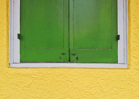 shutter, window, home, architecture, exterior, green color, built structure, yellow, building exterior, no people, closed, day, wall - building feature, door, building, house, protection, entrance, safety, security, wood - material, outdoors, close-up, 2K, CC0, public domain, royalty free