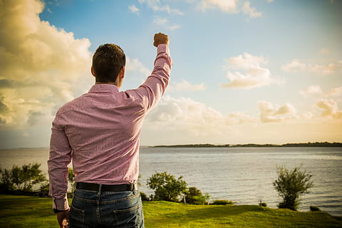 none, nothing, rear view, one person, cloud - sky, sky, water, standing, men, casual clothing, nature, three quarter length, leisure activity, adult, land, human arm, waist up, sea, mid adult, real people, outdoors, arms raised, human limb, 5K, CC0, public domain, royalty free