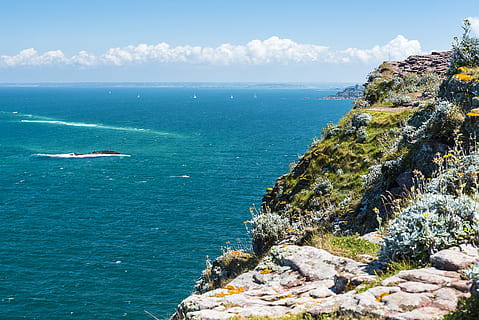 sea, side, brittany, water, scenics - nature, nature, beauty in nature, sky, rock, day, tranquility, tranquil scene, solid, no people, rock - object, cloud - sky, land, outdoors, blue, high angle view, plant, 2K, CC0, public domain, royalty free