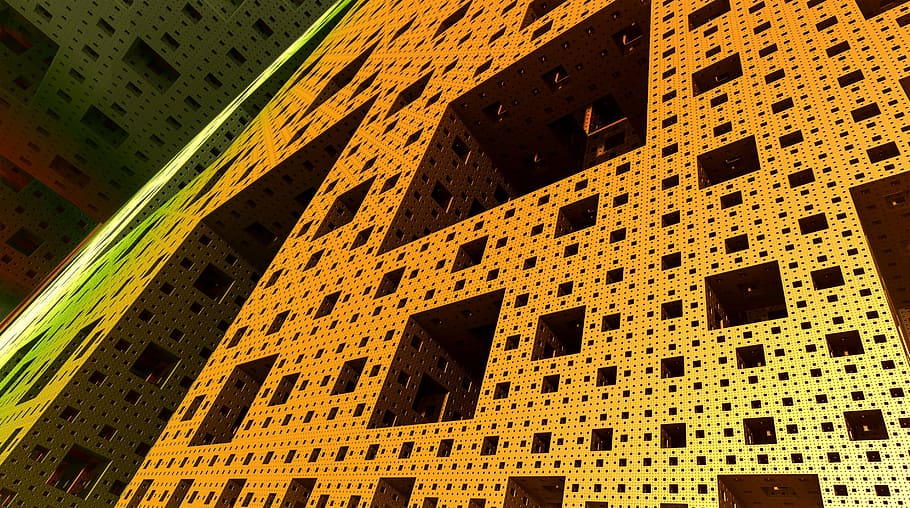 aèria, tir, estructures d’acer, fractals, geometria, gràfic, fons, resum, groc, ocre, matemàtiques, estructures fractals, arquitectura, utopia, ciència ficció, estructura construïda, exterior de l'edifici, vista d’angle baix, edifici, finestra, cap gent, llum solar, dia, ciutat, barri residencial, a l'aire lliure, paret, marc complet, patró, funció de construcció de parets, naturalesa, maó, apartament, 2K
