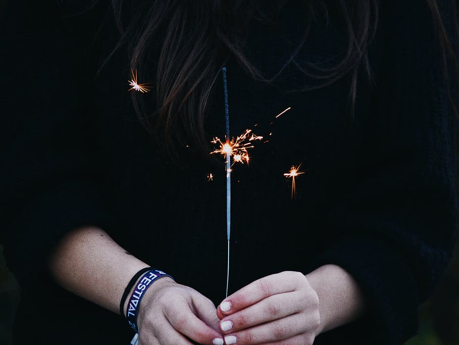 kvinde med sparkler, mørk, kanonslag, hænder, gnist, stjernekaster, brænding, nat, en person, kun en mand, belyst, fest, flamme, fyrværkeri - menneskeskabt objekt, hånd, fyrværkeri, menneskelig hånd, bedrift, rigtige mennesker, gnister, menneskelig kropsdel, ild, brand - naturligt fænomen, bevægelse, begivenhed, glødende, kunstkultur og underholdning, finger, 5K
