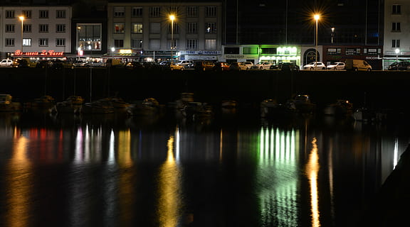 lights, port, reflection, night, luminous signs, brest, finistère, illuminated, built structure, architecture, building exterior, city, water, waterfront, transportation, street, street light, building, nature, mode of transportation, no people, lighting equipment, outdoors, dark, nightlife, 5K, CC0, public domain, royalty free
