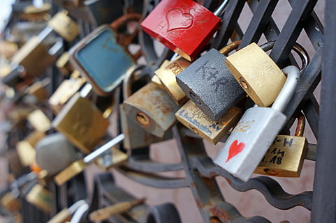 padlock, lock, love, grid, love lock, metal, security, safety, protection, no people, railing, positive emotion, large group of objects, connection, day, close-up, abundance, focus on foreground, barrier, text, choice, outdoors, 2K, CC0, public domain, royalty free