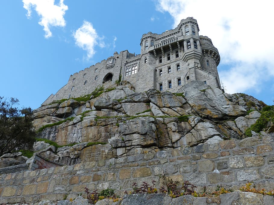 architektonický, fotografování, šedá, kamenný hrad, Anglie, cornwall, mount, st michael, hrad, pevnost, historicky, zeď, hora, impozantní, Dějiny, nízký úhel pohledu, minulost, architektura, nebe, stavba, exteriér budovy, Příroda, pevný, den, mrak - nebe, strom, víra, náboženství, budova, místo uctívání, nikdo, duchovno, Skála, rostlina, venku, kamenná zeď, starověké civilizace, opatství, 4K