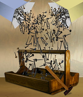 Nail, Hammer, Tool, Assembly, Tinker, wood, box, text, no people, ink, indoors, close-up, day, communication, wall - building feature, creativity, art and craft, table, wood - material, western script, still life, craft, script, home interior, calligraphy, non-western script, large group of objects, paper, pattern, 1080P, CC0, public domain, royalty free