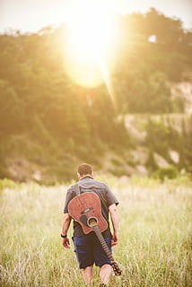 man, cut-away guitar, back, walking, away, photo, cut-away, guitar, walking away, outdoors, men, nature, people, hiking, backpack, adult, adventure, lifestyles, males, caucasian Ethnicity, leisure Activity, recreational Pursuit, young Adult, summer, copy Space, casual Clothing, healthy Lifestyle, two People, togetherness, sunlight, real People, adults Only, young Men, vacations, relaxation, happiness, enjoyment, travel, footpath, rear view, one man only, only men, mid adult, one person, plant, field, land, day, lens flare, grass, beauty in nature, tree, sun, bright, 5K