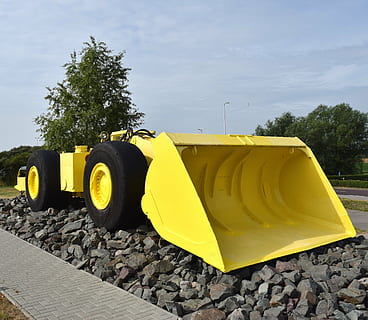 Radlader, Baumaschine, Bergwerk, unter Tage, Maschine, Transport, Fahrzeug, Gelb, Baum, Baustelle, keine Leute, draußen, Tag, Himmel, Pflanze, Natur, Transportmittel, Wasser, wolke - himmel, Wasserfahrzeug, Wachstum, solide, die Architektur, Stein - Objekt, Land, Sonnenlicht, 4K, CC0, gemeinfrei, lizenzfrei