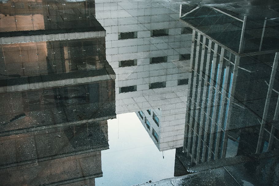 reflexió, edificis, aigua, pis, negre, vidre, reflectint, durant el dia, bassal, vorera, ciutat, edifici, arquitectura, a l'aire lliure, referència, gratacels, finestra, pluja, blanc, estructura construïda, exterior de l'edifici, vidre - material, dia, cap gent, modern, marc complet, exterior d’edifici d’oficines, naturalesa, vista d’angle alt, oficina, patró, vida de ciutat, 5K