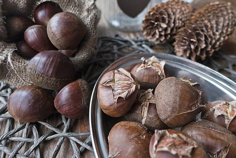 tardor, castanyes, castanea, taula de menjador, bossa, plat, aperitiu, una delicadesa, cons, marró, menjar, primer pla, llavor, nou - aliments, fons, avellana, material de fusta, menjar i beguda, benestar, alimentació saludable, frescor, cap gent, nou, natura morta, a l'interior, gran grup d'objectes, cistella, abundància, variació, contenidor, elecció, vista d’angle alt, ingredient, 2K, CC0, domini públic, lliure de regalies