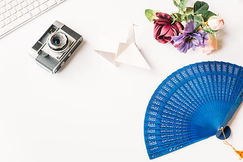 foto, ventaglio, Styled, concetti e idee, oggetti, nessuno, copia spazio, carta, blu, fiore, in casa, inchiostro, pianta, pianta fiorita, girato in studio, natura, bellezza nella natura, natura morta, sfondo bianco, celebrazione, tecnologia, preparativi, rosa, tavolo, composizione floreale, viola, mazzo, 4K, CC0, dominio pubblico, privo di copyright