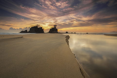 panoramic, photo, bay, white, sand, daytime, beach, landmark, ocean, reflection, sea, seascape, sunrise, sunset, royalty  images, water, sky, cloud - sky, scenics - nature, land, tranquil scene, tranquility, beauty in nature, nature, no people, architecture, travel destinations, long exposure, built structure, horizon over water, 720P, CC0, public domain, royalty free