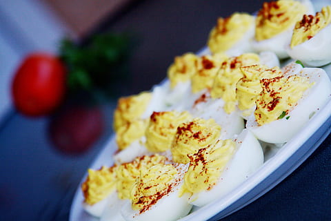 cream pastries, plate, home cooking, deviled eggs, eggs, food and drink, food, freshness, ready-to-eat, healthy eating, close-up, fruit, indoors, focus on foreground, no people, sweet, sweet food, dessert, temptation, wellbeing, indulgence, cake, serving size, selective focus, french food, snack, 4K, CC0, public domain, royalty free