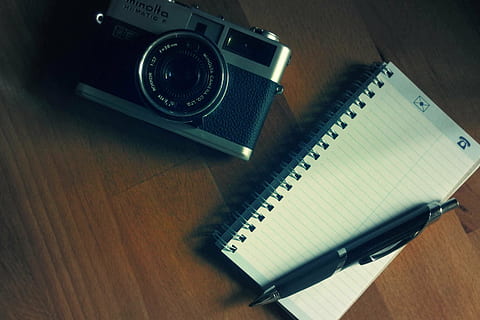 flat, lay, photography, grey, black, minolta milc camera, beside, lined, notebook, retractable, pen, wooden, table, mirrorless, camera, besides, white, ruled, book, ballpoint, notepad, office, desk, wood, creative, business, slr, objects, indoors, old-fashioned, high angle view, retro styled, note pad, no people, close-up, film industry, day, technology, photography themes, camera - photographic equipment, wood - material, still life, spiral notebook, photographic equipment, communication, spiral, nostalgia, directly above, wood grain, 2K