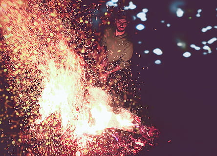 man, standing, front, bonfire, wearing, grey, jacket, nighttime, fire, lights, spark, flame, firedance, people, dark, night, bokeh, no people, outdoors, star - space, fireball, space, nature, close-up, astronomy, motion, glowing, one person, burning, heat - temperature, real people, illuminated, leisure activity, lifestyles, young adult, fire - natural phenomenon, event, blurred motion, arts culture and entertainment, firework, firework - man made object, firework display, 4K, CC0, public domain, royalty free