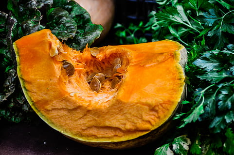 pumpkin, fruit, winter, vegetable, orange, orange color, food and drink, close-up, healthy eating, food, wellbeing, freshness, plant, high angle view, green color, day, growth, no people, plant part, nature, outdoors, leaf, vegetarian food, 5K, CC0, public domain, royalty free