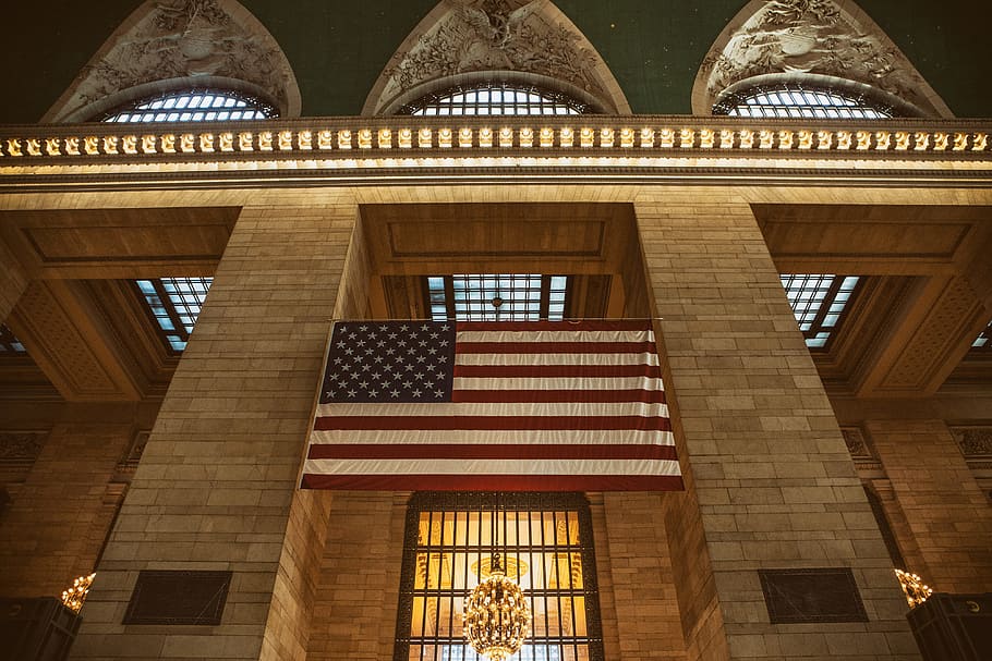 shot, containing, taken, grand, central, station, manhattan, new, york city, Interior, USA flag, Grand Central Station, New York City, urban, flag, flags, nYC, travel, uSA, architecture, architecture And Buildings, built Structure, building Exterior, window, no People, color Image, patriotism, politics, government, democracy, low angle view, arch, travel destinations, tourism, architectural column, illuminated, outdoors, independence, national icon, 4K