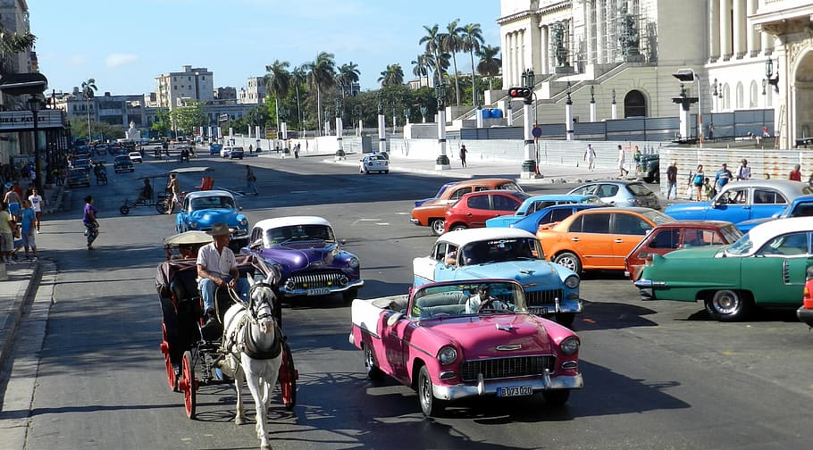 vendimia, parque de coches, la carretera, Cuba, vivir, Capitolio, coche, calle, tráfico, escena urbana, taxi, gente, transporte, vida en la ciudad, la Habana, ciudad, modo de transporte, vehículo terrestre, editorial, viaje, Vehículo de motor, arquitectura, exterior del edificio, multitud, estructura construida, día, grupo de personas, personas incidentales, gente real, gran grupo de personas, edificio, árbol, 4K