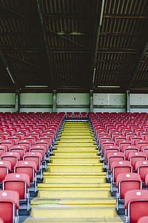 sedia rossa, rosso, grigio, sedie da stadio, posto a sedere, stadio, vuoto, riga, modello, di fila, assenza, nessuno, in casa, sedia, grande gruppo di oggetti, ripetizione, preparativi, sport, architettura, auditorium, ordine, candeggiatori, fianco a fianco, prospettiva decrescente, cultura artistica e intrattenimento, soffitto, 4K, CC0, dominio pubblico, privo di copyright
