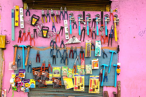 assorted hand tools, tool, craft, pliers, workshop, work, hanging, no people, variation, choice, work tool, large group of objects, wall - building feature, hand tool, equipment, multi colored, hammer, day, arrangement, metal, still life, built structure, group, outdoors, spanner, hand saw, garage, 5K, CC0, public domain, royalty free