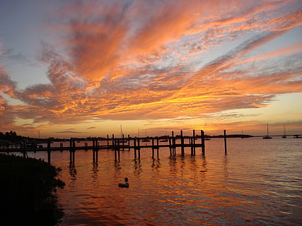 západ slunce, klíč, key largo, florida, západ slunce, klíčové largo, Florida, odraz, oranžová barva, silueta, voda, mrak - nebe, nebe, scenics - příroda, krása v přírodě, klid, klidné scény, moře, nábřeží, nikdo, idylický, Příroda, molo, mimoměstské scény, pošta, venku, dřevěný sloupek, romantické nebe, 2K, CC0, veřejná doména, bez autorských práv