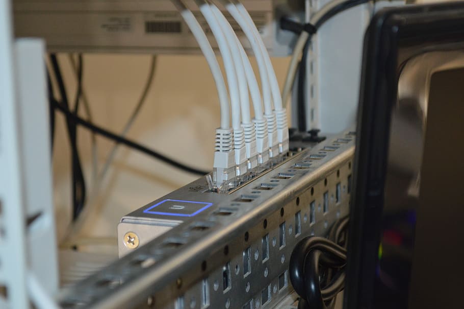 unifi switch, gray, hub, ethernet, cable, wire, plug, plugged in, technology, connection, indoors, close-up, industry, computer network, internet, no people, focus on foreground, communication, electronics industry, network connection plug, equipment, complexity, electrical equipment, machinery, selective focus, electricity, control, 5K