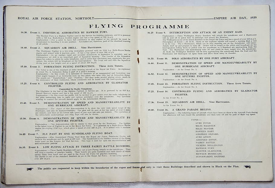 llibre, programa, horari, esdeveniments, avions, històric, aire, espectacle, volant, 1939, raf, imperi britànic, pantalla, Anglaterra, paper, cap gent, dia, comunicació, text, document, Llei, obert, sistema legal, carta, arquitectura, a l'interior, publicació, guió occidental, negocis, pàgina, signe, primer pla, contractar, cura, 2K
