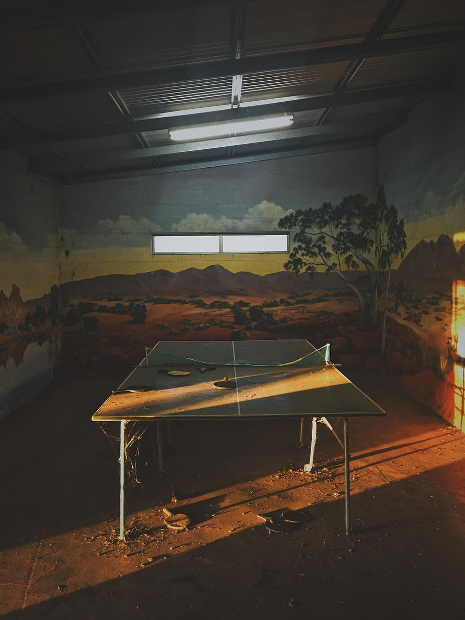 taula de ping pong, interior, centre, paisatge, pintat, habitació, Tenis de taula, taula, tennis, edifici, mural, a l'interior, cap gent, buit, il·luminat, absència, seient, mobles, negocis, cadira, arquitectura, equips d’il·luminació, naturalesa, finestra, nit, estructura construïda, funció de construcció de parets, indústria, planta, sostre, 4K