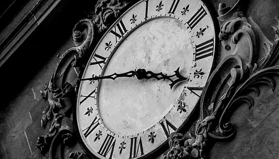 grayscale photograph, analog clock, clock, design, time, watch, symbol, icon, hour, sign, minute, style, white, vintage, number, no people, instrument of time, low angle view, close-up, indoors, clock face, metal, architecture, old, minute hand, antique, roman numeral, history, wall - building feature, technology, the past, wall clock, 5K, CC0, public domain, royalty free