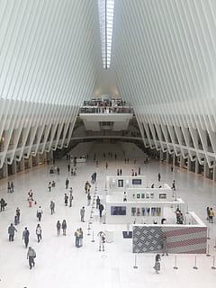 Oculus, дорожка, NYC, поезда, станция, подземка, финансовый район, туристы, в помещении, люди, архитектура, построенная структура, большая группа людей, путешествовать, высокий угол обзора, компания людей, настоящие люди, транспорт, толпа людей, Режим транспортировки, современный, туристические направления, туризм, город, строительство, образ жизни, потолок, архитектурная колонна, 2K, CC0, общественное достояние, роялти бесплатно
