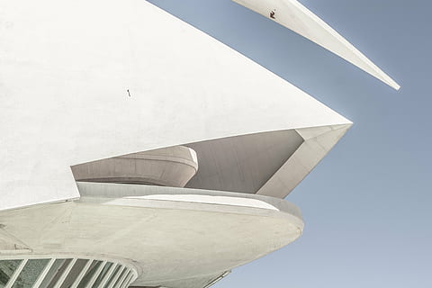 low, angle photography, white, concrete, building, structure, sky, windows, architecture, transportation, airplane, no people, air vehicle, low angle view, outdoors, day, close-up, aerospace industry, built structure, white color, travel destinations, nature, clear sky, copy space, travel, modern, sunny, building exterior, city, sunlight, angle, 4K, CC0, public domain, royalty free