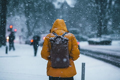 Person, tragen, Jacke, Rucksack, Gehen, schneebedeckt, Tag, Backpacker, Gelbe Jacke, schneit, Winter, kalte Temperatur, Schnee, eine Person, warme Kleidung, Kleidung, Vorderansicht, Fokus auf den Vordergrund, nicht erkennbare Person, Kapuze, Taille hoch, extremes Wetter, Kapuze - Kleidung, Freizeitbeschäftigung, Stehen, Straße, draußen, 5K, CC0, gemeinfrei, lizenzfrei