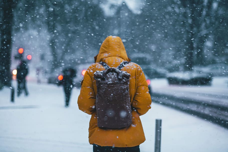 Person, tragen, Jacke, Rucksack, Gehen, schneebedeckt, Tag, Backpacker, Gelbe Jacke, schneit, Winter, kalte Temperatur, Schnee, eine Person, warme Kleidung, Kleidung, Vorderansicht, Fokus auf den Vordergrund, nicht erkennbare Person, Kapuze, Taille hoch, extremes Wetter, Kapuze - Kleidung, Freizeitbeschäftigung, Stehen, Straße, draußen, 5K