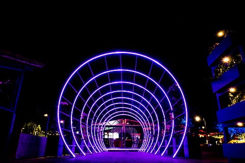 night tunnel lights, Night, tunnel, lights, architecture, illuminated, urban Scene, built Structure, lighting Equipment, city, purple, neon, outdoors, arch, glowing, no people, motion, travel destinations, pattern, building exterior, light, sky, nature, multi colored, street, amusement park, 4K, CC0, public domain, royalty free