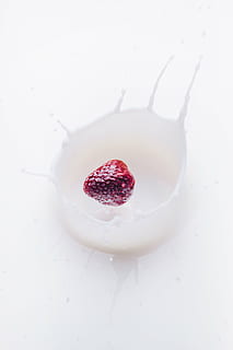 fruit, liquid, milk, splash, strawberry, food, freshness, red, dessert, gourmet, close-up, berry Fruit, food and drink, studio shot, white background, indoors, healthy eating, still life, dairy product, wellbeing, sweet food, indulgence, no people, high angle view, drink, temptation, yogurt, 4K, CC0, public domain, royalty free