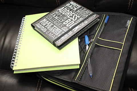 School Book, Book, Binder, Folder, Notebook, binder, paper, student, pen, stationery, book, no people, indoors, close-up, day, text, communication, publication, western script, note pad, table, still life, education, document, diary, high angle view, writing instrument, passport, reminder, message, leather, 2K, CC0, public domain, royalty free