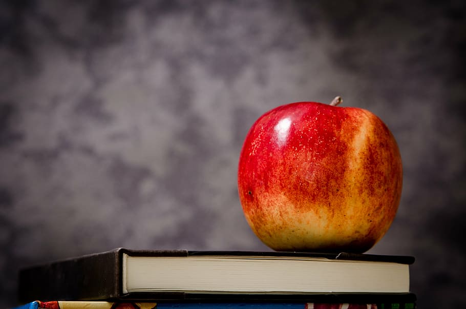 vermell, poma, superior, negre, cobert, llibre, madur, llibre de text, classe, aula, escola, professor, estudiar, educació, fruita, fruita de poma, menjar i beguda, alimentació saludable, menjar, frescor, cap gent, a l'interior, primer pla, benestar, publicació, aprenentatge, còpia espai, edifici, fons negre, berenar, 4K