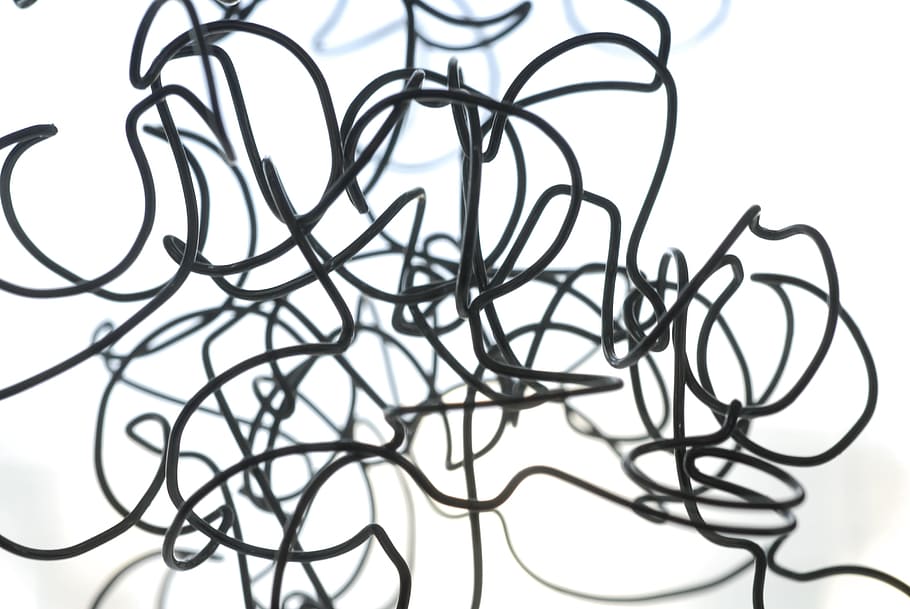 cable, node, gordian, ràfega, bucle, negre blanc, fons, tecnologia, enredat, connexió, cap gent, fons blanc, tir de l'estudi, a l'interior, primer pla, natura morta, complexitat, patró, metall, vista d’angle alt, variació, gran grup d'objectes, Color blanc, elecció, art i artesania, 4K