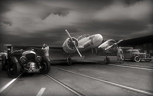 grayscale photo, airplane, cars, rendering, logo, modeling, texturing, 3d, transportation, retro Styled, engine, air Vehicle, old-fashioned, mode of Transport, cloud - sky, mode of transportation, sky, real people, land vehicle, group of people, airport, day, airport runway, road, outdoors, symbol, lifestyles, travel, full length, incidental people, nature, men, 1080P, CC0, public domain, royalty free