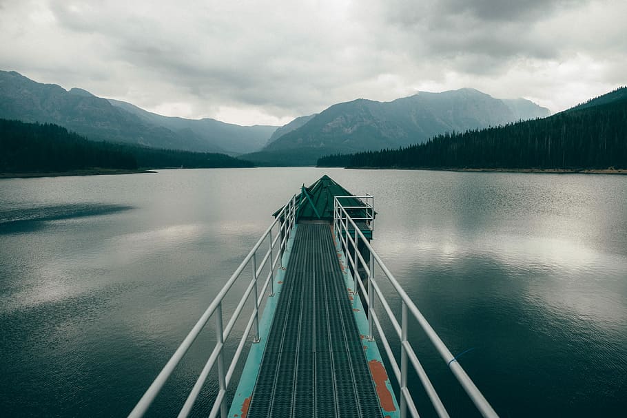 photography, teal, white, metal dock, white metal, dock, black, clouds, docks, gray, hills, lakes, mountains, water, lake, nature, mountain, landscape, outdoors, scenics, no People, canada, mountain Range, sky, reflection, cloud - sky, scenics - nature, beauty in nature, tranquility, day, tranquil scene, non-urban scene, transportation, travel, direction, 4K