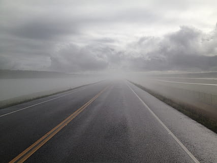 gray, empty, asphalt road, covered, fogs, cloud, rain, drive, challenge, rainy, dramatic sky clouds, blur, visibility, highway, road, asphalt, cloud - Sky, sky, no People, nature, transportation, marking, direction, road marking, diminishing perspective, symbol, the way forward, vanishing point, sign, day, scenics - nature, beauty in nature, overcast, dividing line, outdoors, 2K, CC0, public domain, royalty free